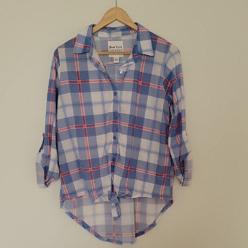 New York Laundry Blue and Red Plaid Shirt Casual Americana Heritage Size M